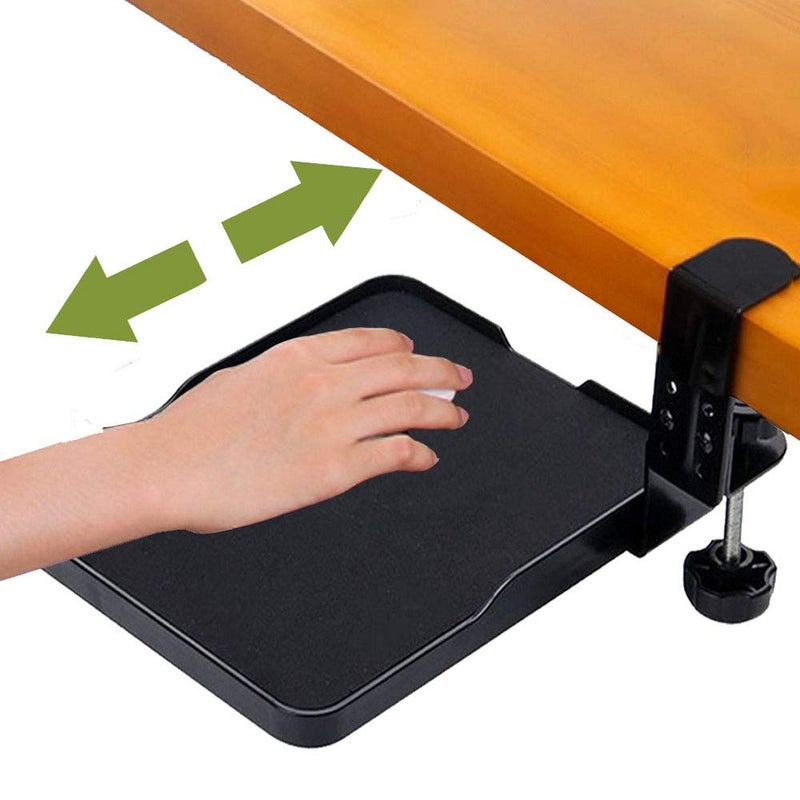 FUZADEL Ergonomic Mouse Tray Desk Attachment Mouse Platform Slide Out Extension Clamp On Wrist Rest Pad Under Desk Shelf (Black) - Image 1
